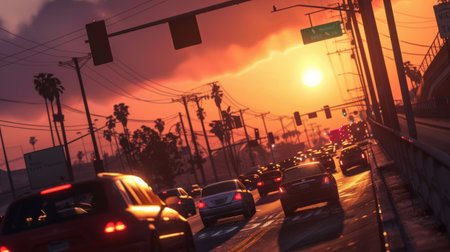 Traffic full of vehicles on sunsetの素材