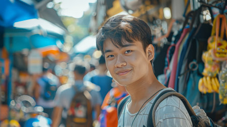Young Asian traveling backpacker at outdoor market in Bangkok, Thailandの素材