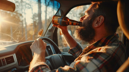 man holding a beer bottle while driving along the wayの素材