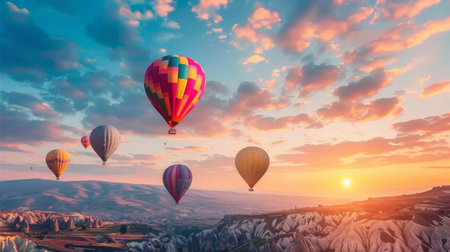 Colorful hot air balloons flying above high mountain at sunrise with beautiful sky backgroundの素材