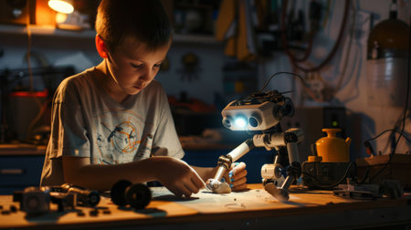 Young boy mechanic repairing the robot in the workshop at nightの素材