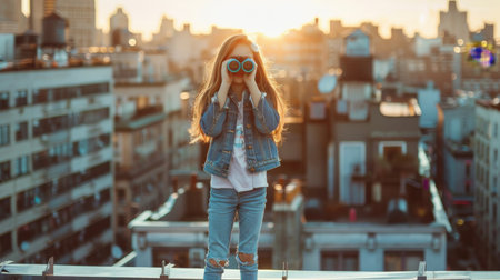 Cute girl of school age on building roof looking in binocularsの素材