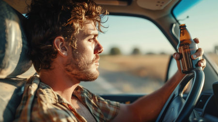 man holding a beer bottle while driving along the wayの素材