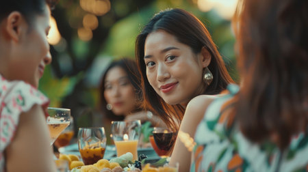 Young Asian women visit the family during parties outdoors in the garden. An attractive diverse group of people having dinner, eating foods, and celebrate weekend reunion gathered together at the dining tableの素材