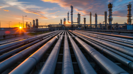 steel long pipes in crude oil factory during sunsetの素材