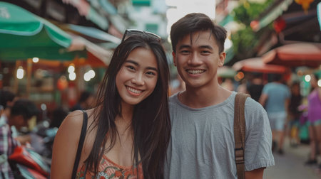Young Asian couples enjoy and have fun outdoor lifestyle together in street market on summer holiday vacation in Bangkok, Thailand. Happy man and woman feeling surprised about how beautiful the cityの素材