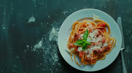 Tasty appetizing classic Italian spaghetti pasta with tomato sauce, cheese parmesan, and basil on plate on dark table. View from above, horizontalの素材