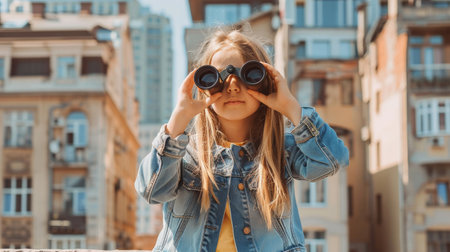 Cute girl of school age on building roof looking in binocularsの素材