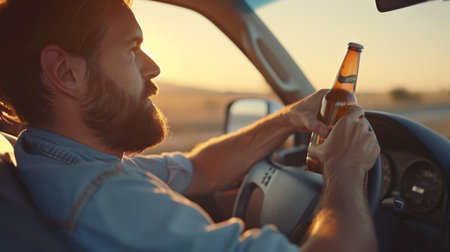 man holding a beer bottle while driving along the wayの素材