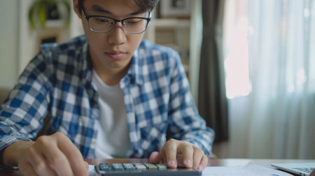Asian man is using a calculator to calculate his family's monthly miscellaneous expenses at his home.の素材