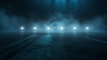 A dark empty street, dark blue background, an empty dark scene, neon light, spotlights The asphalt floor and studio room with smoke float up the interior texture. night viewの素材