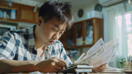 Asian man using calculator to calculate expenses while holding family bills at his home.の素材