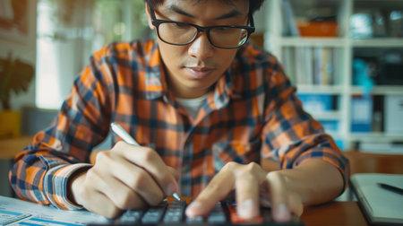 Asian man is using a calculator to calculate his family's monthly miscellaneous expenses at his home.の素材