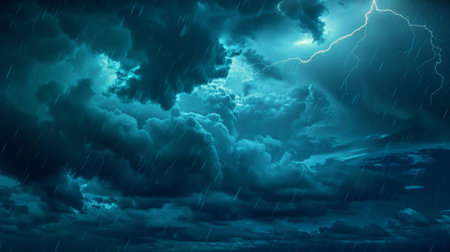 Dramatic, dark, blue cloudy sky overlay, Sky-overlays. Dramatic sky and lightning. Bad weather with dark clouds. Rain And Thunderstorm In Dramatic Skyの素材