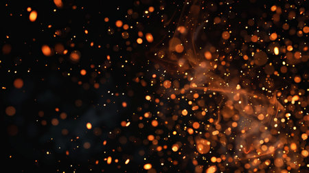 Fire sparks background. Abstract dark glitter fire particles lights. Fire embers particles isolated on black background.の素材