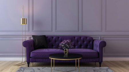 Luxury modern interior of living room ,Ultraviolet home decor concept ,purple sofa and black table with gold lamp on light purple wall and wood floorの素材