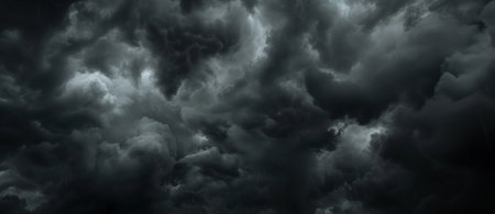 The sky is full of dark clouds in bad weather before a big storm rain. Light emission from the Edge of clouds. Zoom the surface of a Black haze at close range.の素材