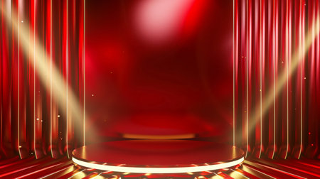 Red product display podium with golden line elements and light effect decoration. Luxury background.の素材