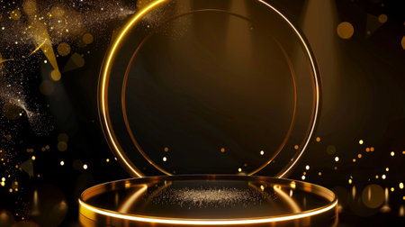 Podium and gold line circle frame elements with glitter light effects decorations. Luxury background.の素材