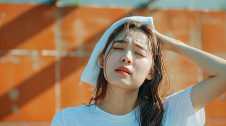 Stressed asian woman drying sweat with a cloth in a warm summer dayの素材