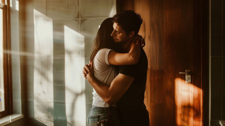 Man and woman couple hugging each other standing at new homeの素材