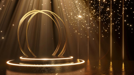 Podium and gold line circle frame elements with glitter light effects decorations. Luxury background.の素材
