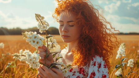 Young beautiful curly ginger woman holds flowers in her hands. Field and sky on background.の素材