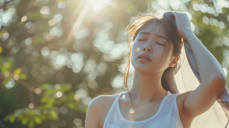 Stressed asian woman drying sweat with a cloth in a warm summer dayの素材