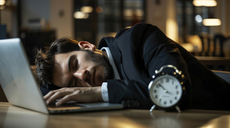 Tired businessman sleeping on a laptop with a clock in the backgroundの素材