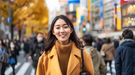 Asian woman shopping in the Shibuya district, Tokyo, Japan with the crowd of people walking in the city. Attractive girl enjoys and fun outdoor lifestyle travel city in autumn holiday vacationの素材