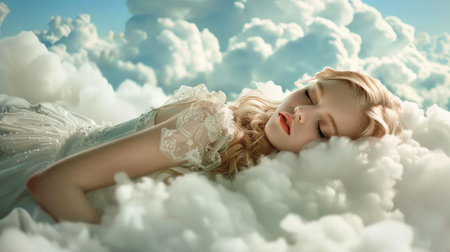 Blonde girl sleeping on a cloudの素材