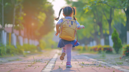Back to school. Cute Asian child girl with a backpack running and going to school with funの素材