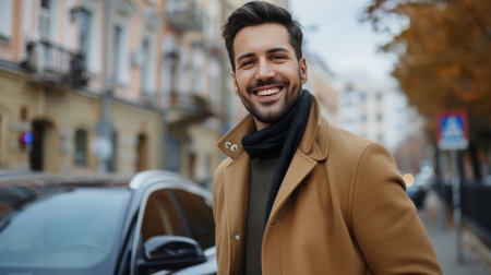 A handsome young businessman smiling and standing next to his carの素材
