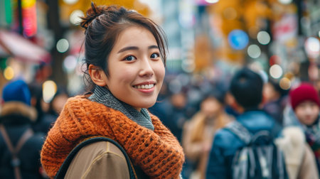 Asian woman shopping in the Shibuya district, Tokyo, Japan with the crowd of people walking in the city. Attractive girl enjoys and fun outdoor lifestyle travel city in autumn holiday vacationの素材