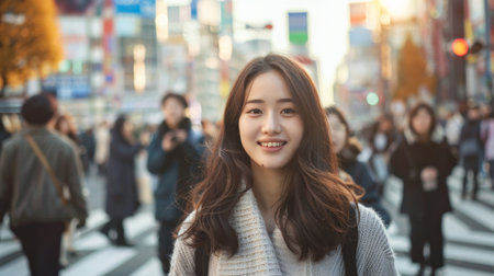 Asian woman shopping in the Shibuya district, Tokyo, Japan with the crowd of people walking in the city. Attractive girl enjoys and fun outdoor lifestyle travel city in autumn holiday vacationの素材