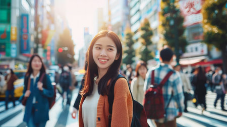 Asian woman shopping in the Shibuya district, Tokyo, Japan with the crowd of people walking in the city. Attractive girl enjoys and fun outdoor lifestyle travel city in autumn holiday vacationの素材