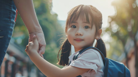 Back to school. Cute Asian pupil girl with backpack holding her mother's hand and going to schoolの素材