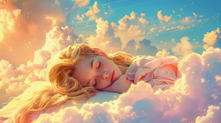 Blonde girl sleeping on a cloudの素材