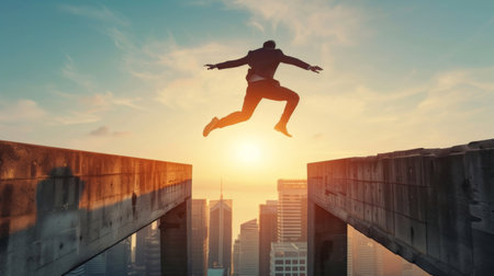 Businessmen jumping over gap in concrete bridge as symbol of overcoming challenges. Sunlight and cityscape in the background.の素材