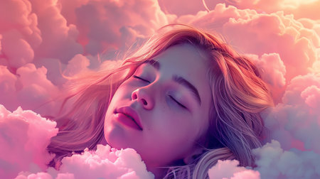 Blonde girl sleeping on a cloudの素材
