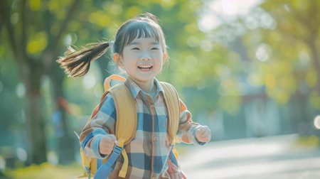 Back to school. Cute Asian child girl with a backpack running and going to school with funの素材