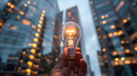 Business idea and financial solution. Light bulb in hand on the background of business skyscrapers. Economy, growth, income concept.の素材