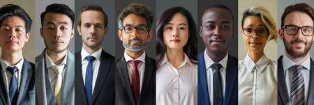 Collage of portraits of an ethnically diverse and mixed age group of focused business professionalsの素材