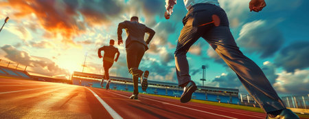 Businessmen running on track racing at athletics stadiumの素材