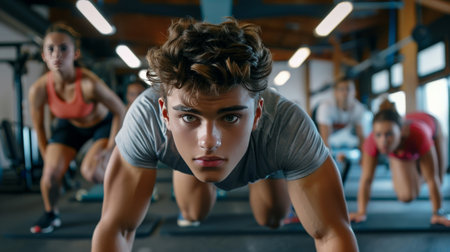 Fit young people doing pushups in a gym looking focusedの素材