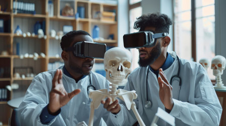 Multiracial men in medical gowns exploring 3d scull models in VR glasses and having the discussion.の素材