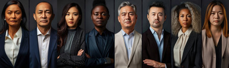 Collage of portraits of an ethnically diverse and mixed age group of focused business professionalsの素材