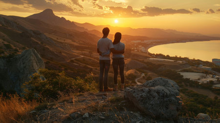 Man and women overview sunset landscape in Crimea mountainの素材