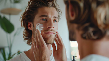 Handsome man applying facial cream in front of mirrorの素材