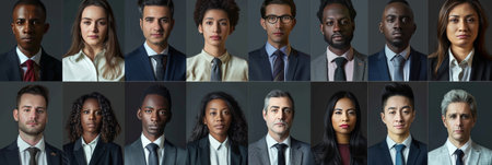Collage of portraits of an ethnically diverse and mixed age group of focused business professionalsの素材